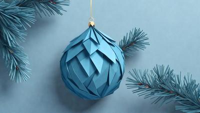 The primary subject of the image is a blue paper Christmas ornament. The ornament is hanging from a string, and it is placed in front of a blue background. The visual style of the image is a combination of photo and digital art, creating a unique and festive atmosphere. The dominant colors in the image are blue and green, which are commonly associated with the holiday season.